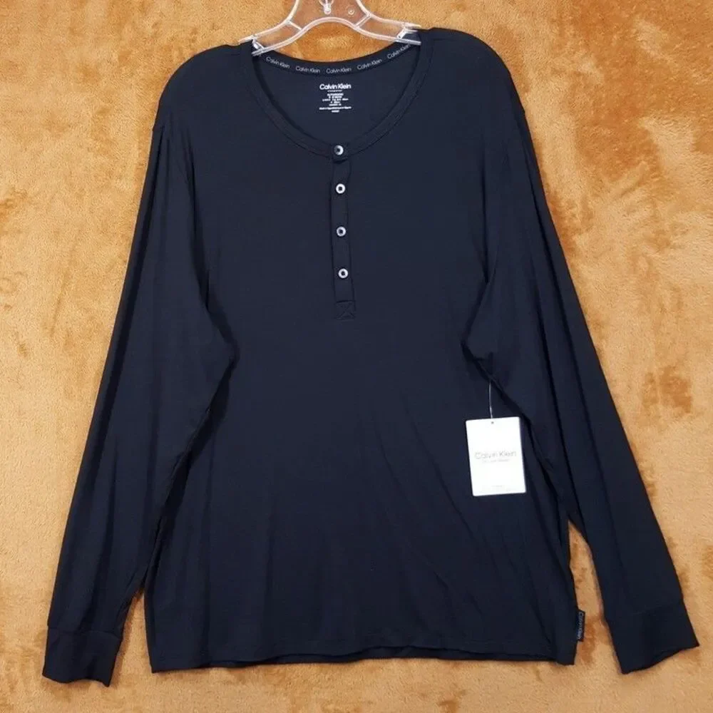 CALVIN KLEIN Sleepwear Mens XL Black Long Sleeve Henley Ultra Soft Modern Shirt - Picture 1 of 8